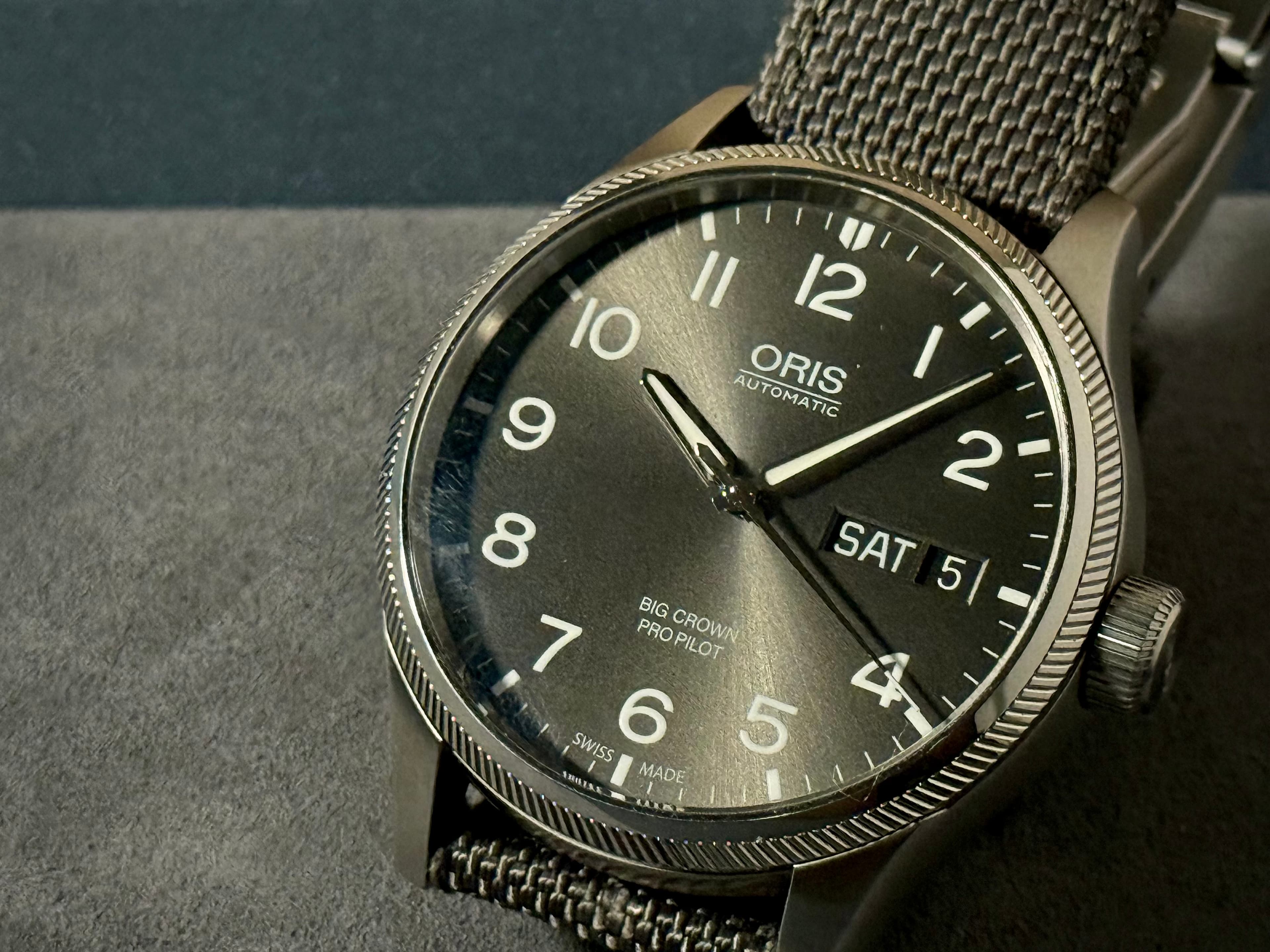 Oris Big Crown ProPilot Big Day Date shown close on a gray surface