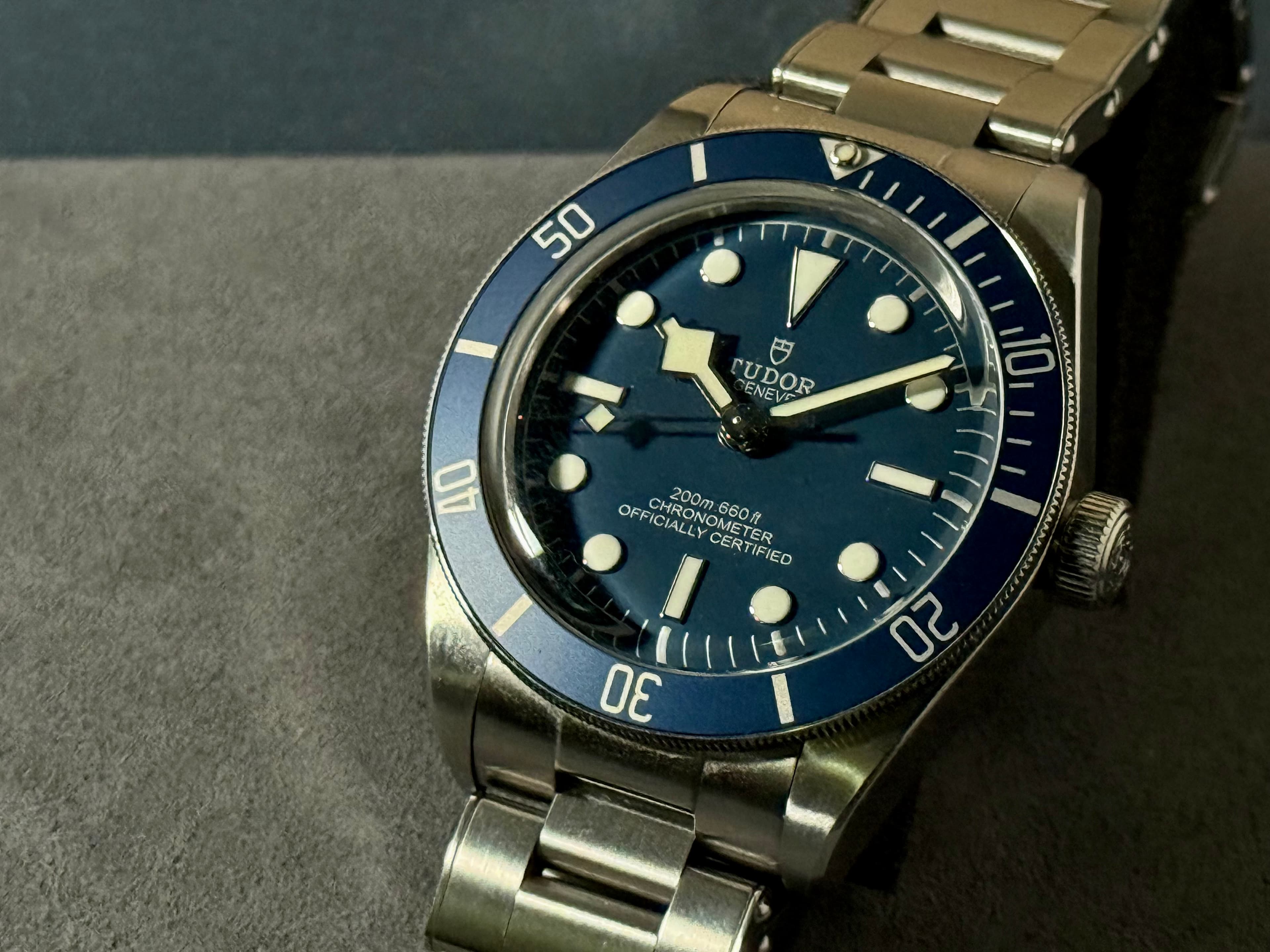 Tudor Black Bay Fifty-Eight Navy shown close on a gray surface