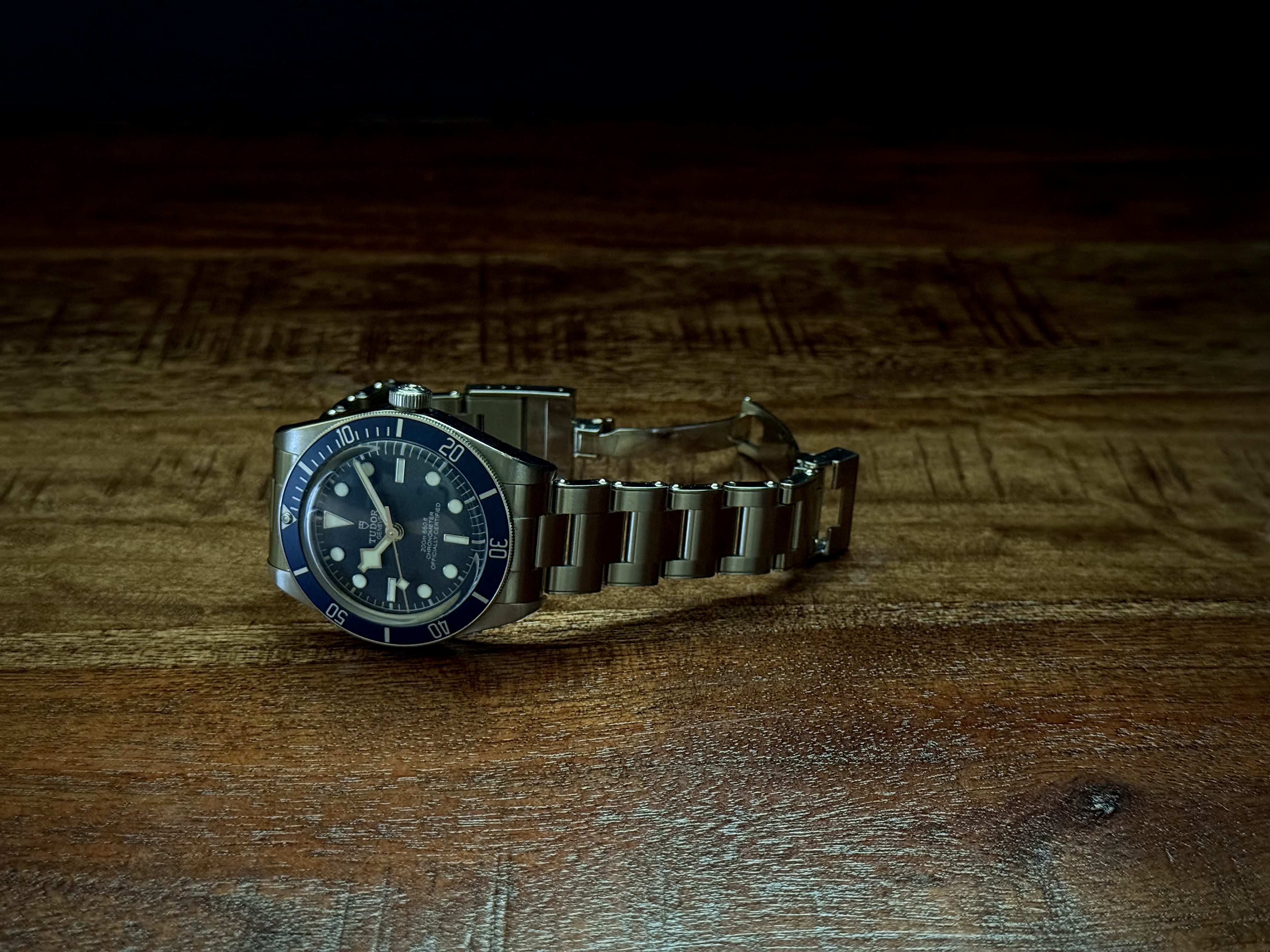 Tudor Black Bay Fifty-Eight Navy resting against dark navy fabric