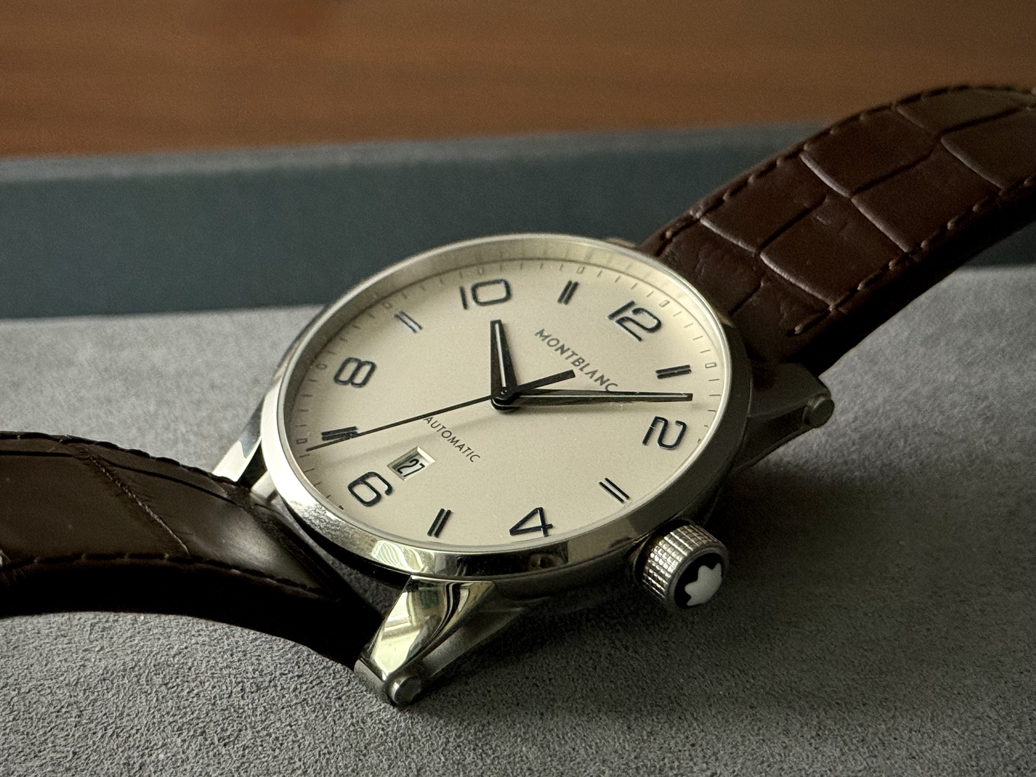 Montblanc TimeWalker dial with curved numerals and blue applied indices