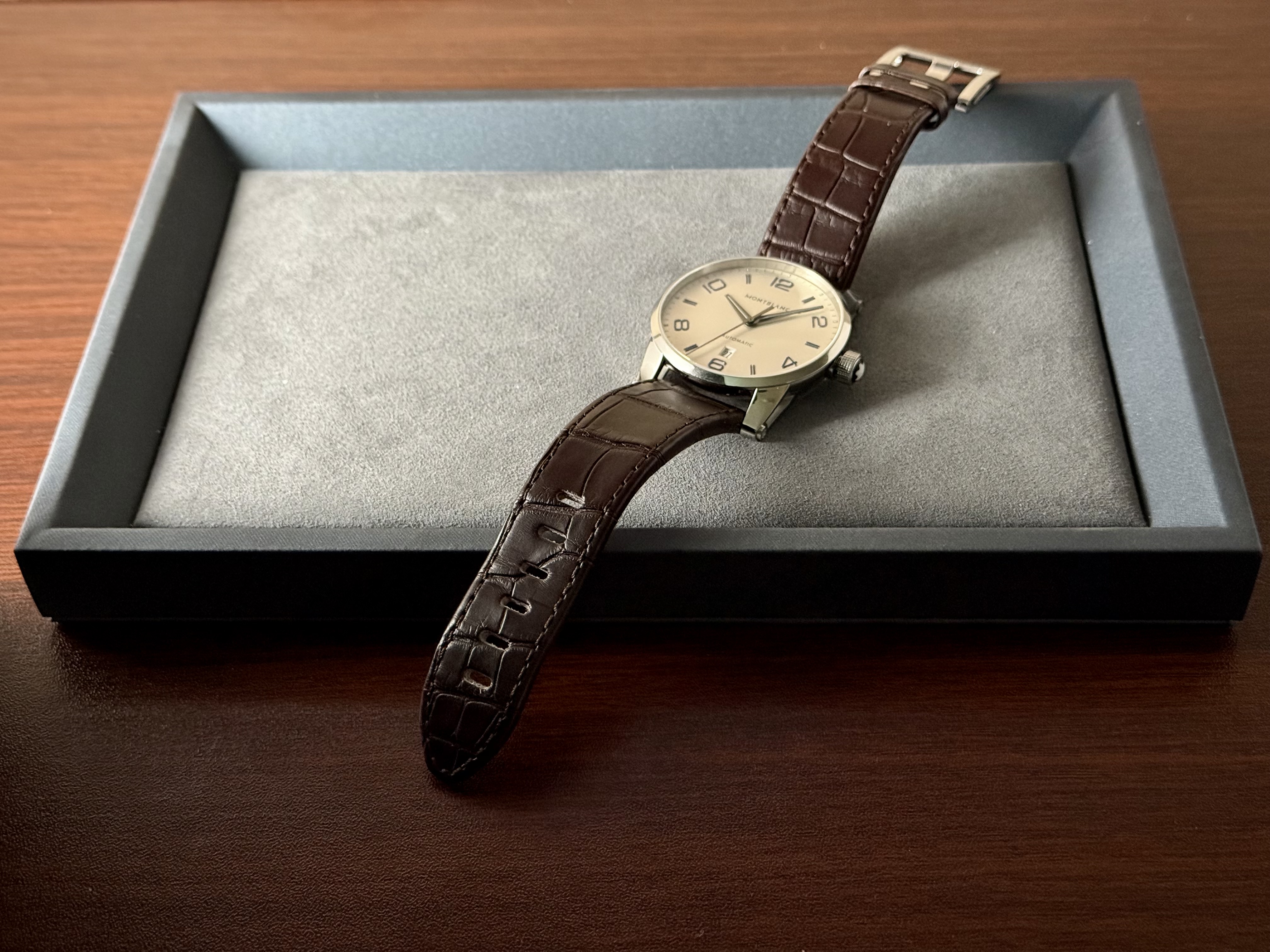Montblanc TimeWalker Date Automatic with a silver dial and brown leather strap