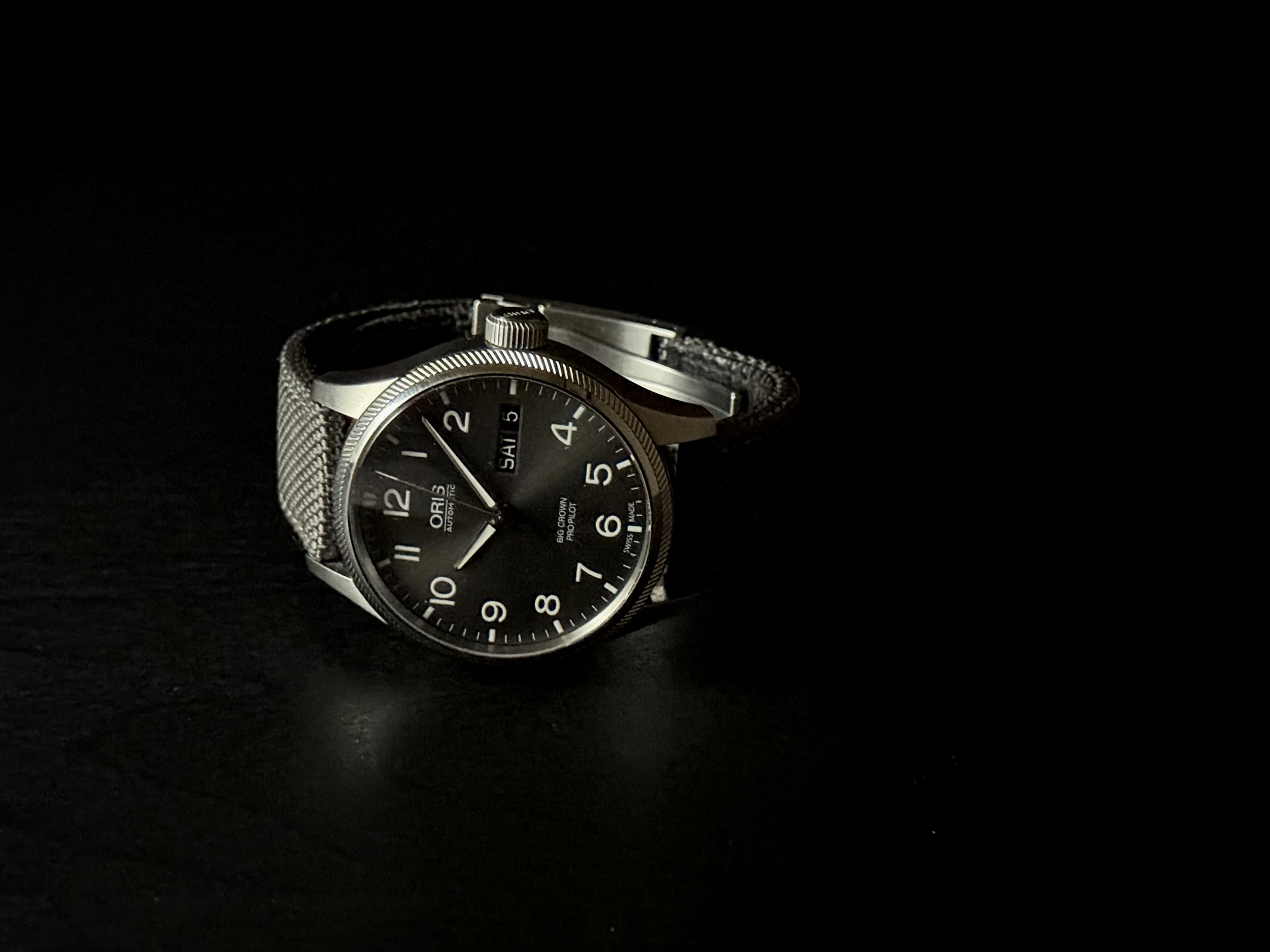 Oris Big Crown ProPilot Big Day Date on its gray textile strap